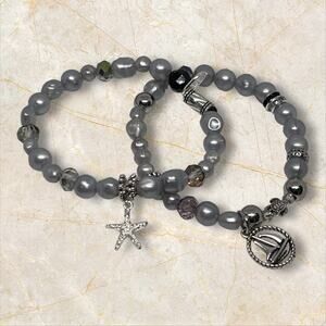 Silver Stretch Beachy Unique Handmade Bracelet Set Charm Unique Design